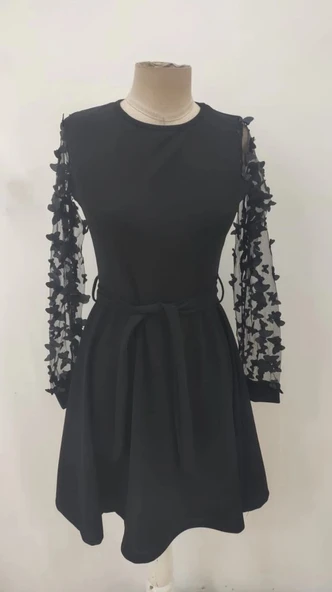 MDB Kadın Uzun Kollu Bisiklet Yaka Kollar Tül Kelebek Detaylı Ithal Krep Elbise - Resim 8