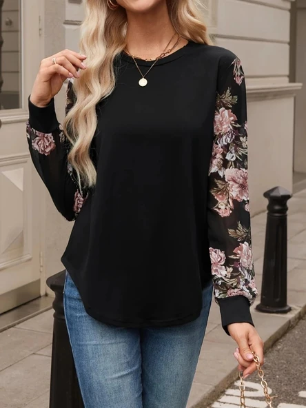 MDB Kadın Uzun Kollu Bisiklet Yakalı Kolun çiçek Desenli Viskon Iki Iplik Bluz - Resim 5