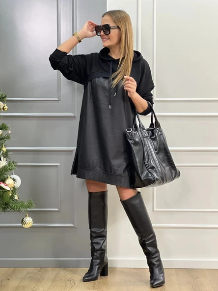MDB Kadın Uzun Kollu Kapüşon Ve Deri Detay Diz üstü Elbise - Resim 5