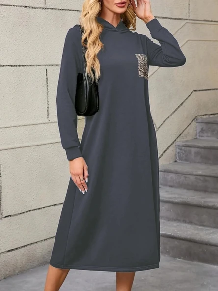 MDB Kadın Uzun Kollu Kapşonlu Cep Detaylı Viskon Iki Iplik Maxi Elbise - Resim 2