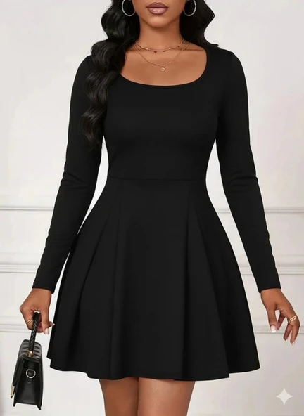 MDB Kadın Uzun Kollu Kare Yakalı Mini Ithal Krep Elbise ürün görseli 1