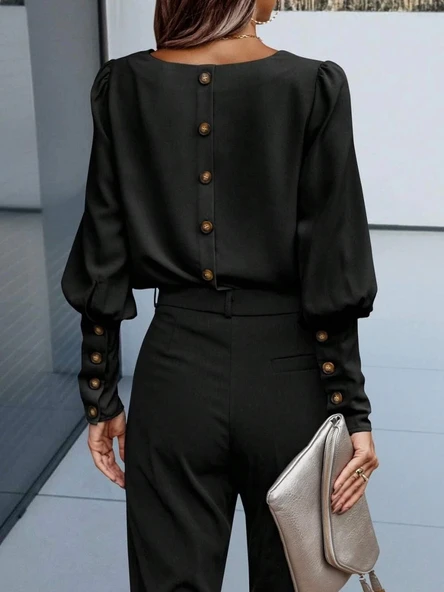 MDB Kadın Uzun Kollu Yuvarlak Yakalı Düğmeli Ithal Krep Bluz - Resim 4