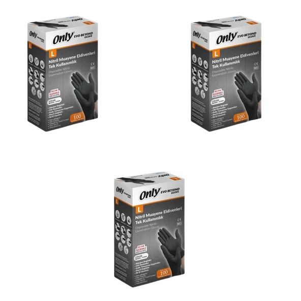Only Evo Beyond Siyah Pudrasız Nitril Eldiven - Muayne İş Eldiveni - Large - 100'lü 3 Paket ürün görseli