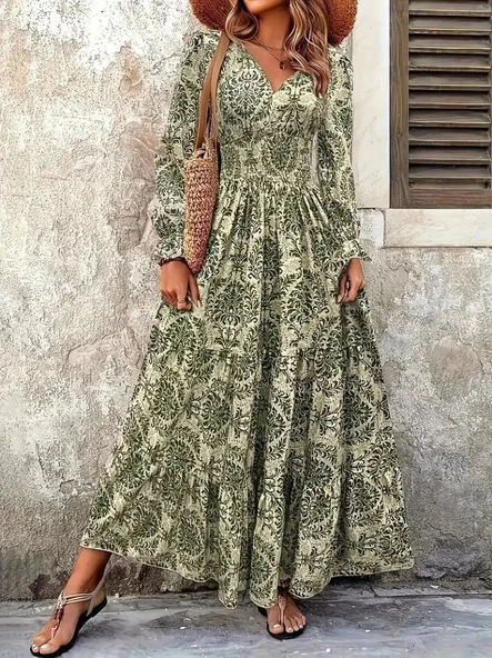 MDB Kadın Uzun Kollu V Yakalı Desenli Süprem Elbise - Resim 4