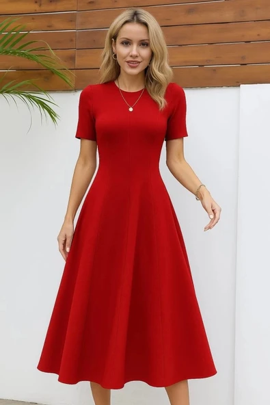 MDB Kadın Kısa Kollu Bisiklet Yaka Maksi Boy Ithal Krep Elbise ürün görseli 1