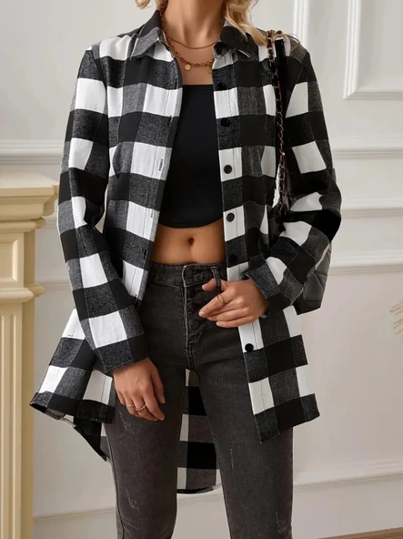 MDB Kadın Uzun Kollu Ekoseli önden Düğmeli Dokuma Uzun Gömlek ürün görseli 1