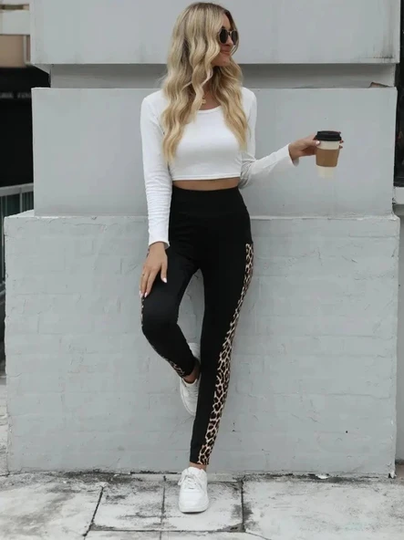 MDB Kadın Yüksek Bel Leopar Desen Ve Cep Detaylı Dalgıç Tayt - Resim 3