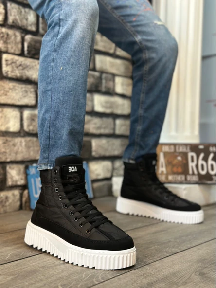 ET0811 Yüksek Beyaz Taban Siyah Paraşüt Kumaş Cilt Detaylı Yarım Bilek Spor Bot - Resim 6