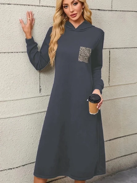 MDB Kadın Uzun Kollu Kapşonlu Cep Detaylı Viskon Iki Iplik Maxi Elbise ürün görseli 1