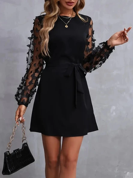 MDB Kadın Uzun Kollu Bisiklet Yaka Kollar Tül Kelebek Detaylı Ithal Krep Elbise - Resim 2