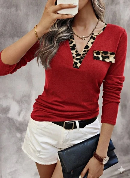 MDB Kadın Uzun Kollu V Yakalı Kaşkorse Bluz ürün görseli 1