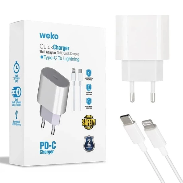 Weko WK-21443 PD-C 20 Watt Telefon Şarj Adaptörü + Type-C To Lightning Kablo ürün görseli