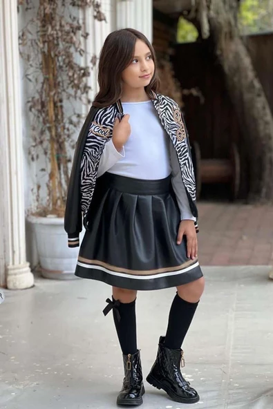 Kız Çocuk V Cool Yazı Baskılı Sweatshirt Zebra ve Gold Şerit Detaylı Deri Ceketli Etekli Takım - 2