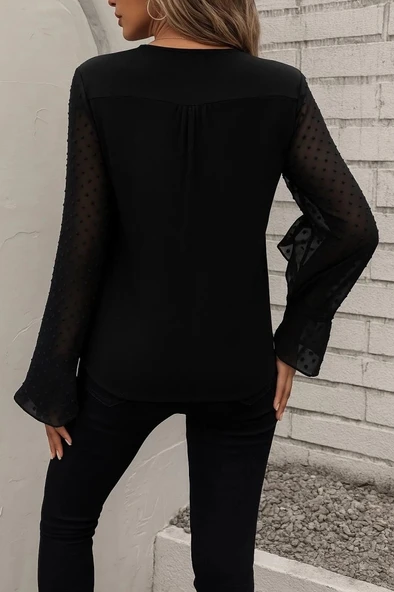 MDB Kadın Uzun Kollu V Yakalı Kolları Ispanyol Detayı Sandy Bluz - Resim 4