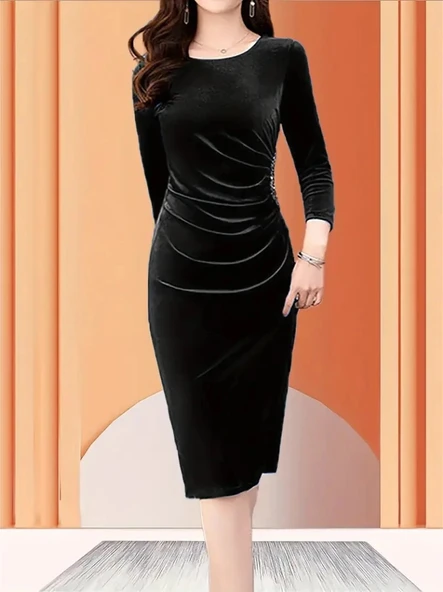 MDB Kadın Uzun Kollu Bot Yaka Yanı Taş Detaylı Midi Kadife Elbise - Resim 5