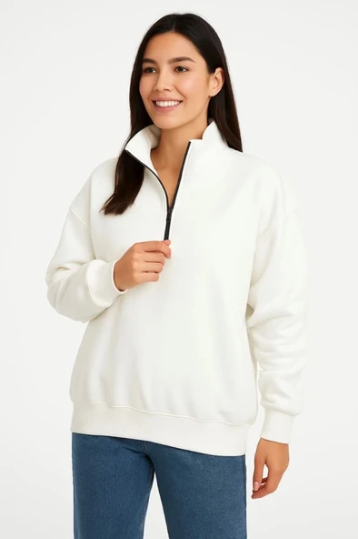 MDB Üç İplik Dık Yaka Yarım Fermuarlı weathirt  Beyaz ürün görseli 1