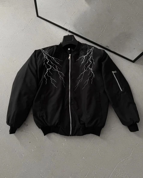 MDB Yıldırım Baskılı Uzun Kol Bomber Ceket  iyah - Resim 4