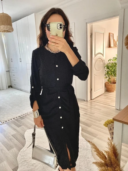 MDB Kadın Uzun Kollu önden Düğmeli Beli Kuşaklı Aerobin Midi Elbise - Resim 8