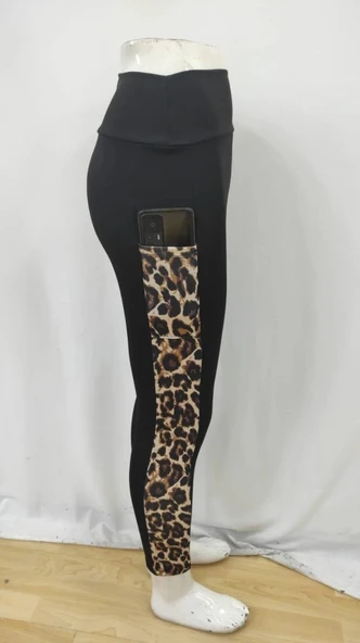 MDB Kadın Yüksek Bel Leopar Desen Ve Cep Detaylı Dalgıç Tayt - Resim 8