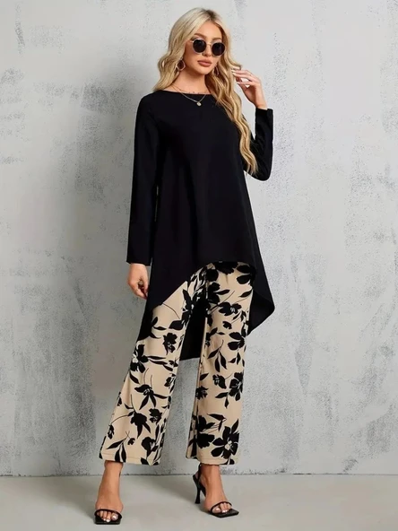 MDB Kadın Uzun Kollu Bisiklet Yaka Asimetrik Kesim Detaylı Viskon Bluz Ve çiçek Desenli Iki Iplik Pantolon - Resim 4