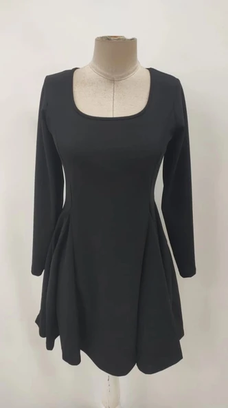 MDB Kadın Uzun Kollu Kare Yakalı Mini Ithal Krep Elbise - Resim 5