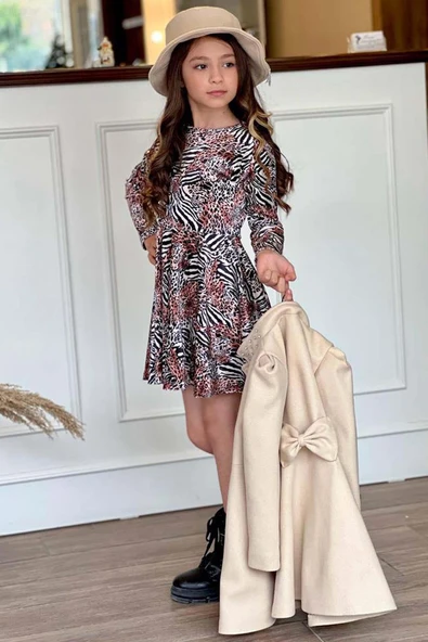 Kız Çocuk Leopar Desen Elbise Taş İşleme Yaka Boydan Düğme ve Kemer Detaylı Krem Kaşe Kaban - 2