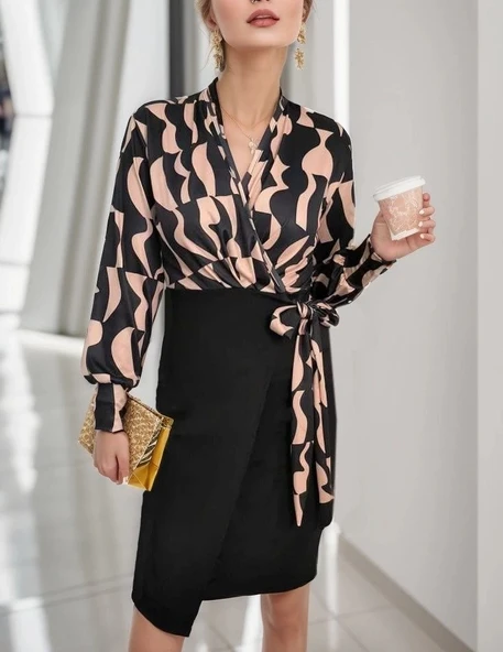 MDB Kadın Uzun Kollu Kruvaze Yaka Dijital Baskılı Fiyonk Detay Atlas Kumaş Elbise - Resim 6