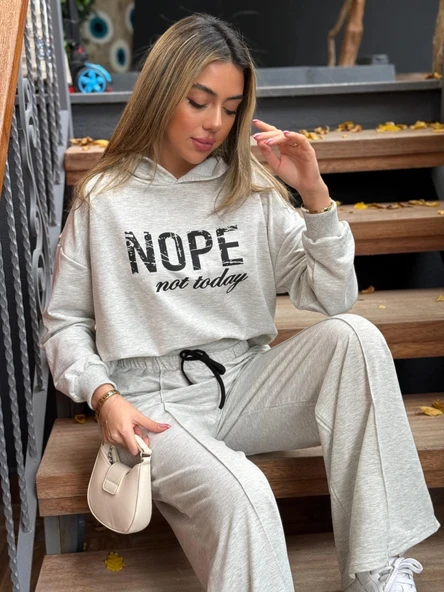 MDB Kadın Uzun Kollu Nope Baskılı Beli Ribanalı Ikili Takım - Resim 7