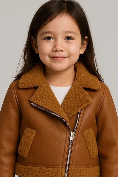 Kız Çocuk Kolları ve Yakası Peluş Detaylı Kahverengi Ceket Dik Yaka Kazak Deri Alt Üst Takım - 2
