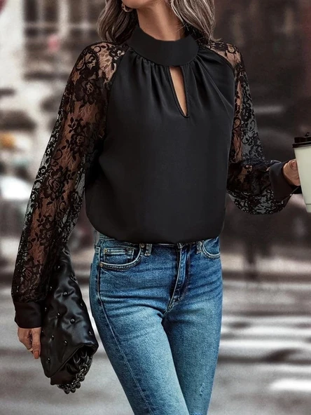 MDB Kadın Uzun Kollu Göğüs Pencere Detay Yaka Boğazlı Kolları Tüllü Sandy Bluz - Resim 3