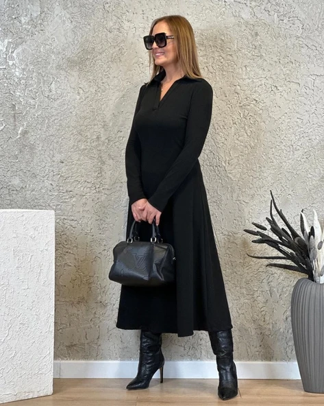 MDB Kadın Uzun Kollu Yakalı Midi Viskon Iki Iplik Elbise ürün görseli 1