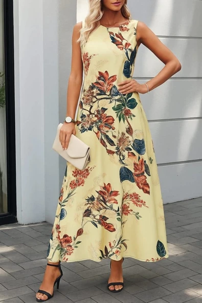 MDB Kadın Askılı Yuvarlak Yaka Cepli Desenli Süprem Elbise ürün görseli 1