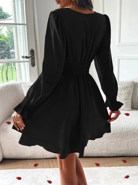 MDB Kadın Uzun Kollu Kruvaze Yakalı Mini Sandy Elbise - Resim 4