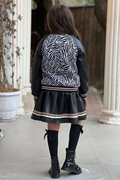 Kız Çocuk V Cool Yazı Baskılı Sweatshirt Zebra ve Gold Şerit Detaylı Deri Ceketli Etekli Takım - Resim 3