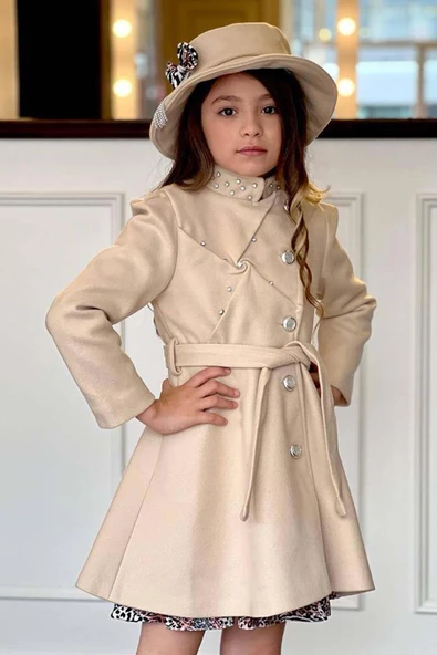 Kız Çocuk Leopar Desen Elbise Taş İşleme Yaka Boydan Düğme ve Kemer Detaylı Krem Kaşe Kaban - 3