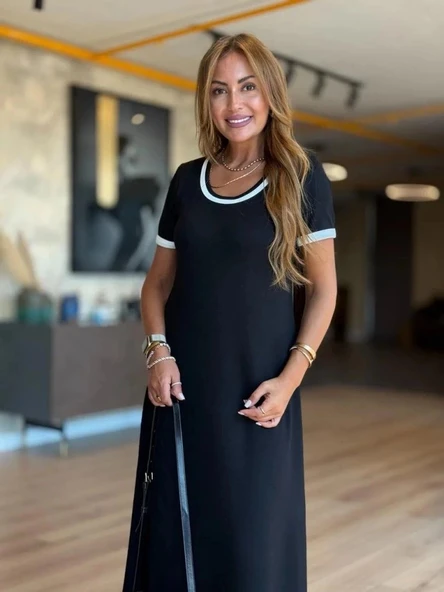 MDB Kadın Kısa Kollu Yuvarlak Yaka Yandan Yırtmaçlı Midi Viskon Elbise - Resim 3