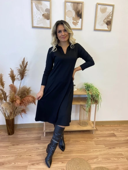 MDB Kadın Uzun Kollu Yakalı Midi Viskon Iki Iplik Elbise - Resim 5