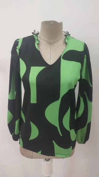 MDB Kadın Uzun Kollu V Yakalı Desenli Modal Bluz - Resim 6