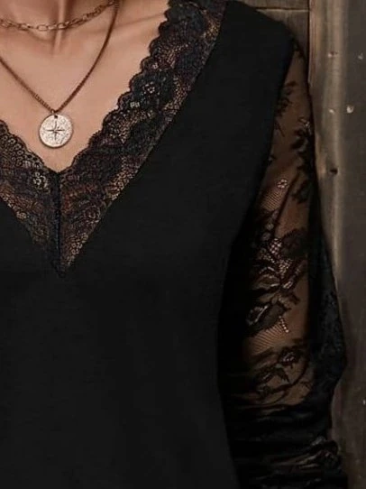 MDB Kadın Uzun Kollu V Dantel Yakalı Viskon Bluz - Resim 2