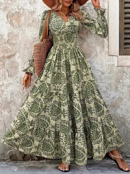 MDB Kadın Uzun Kollu V Yakalı Desenli Süprem Elbise - Resim 3