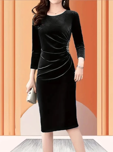 MDB Kadın Uzun Kollu Bot Yaka Yanı Taş Detaylı Midi Kadife Elbise - Resim 4