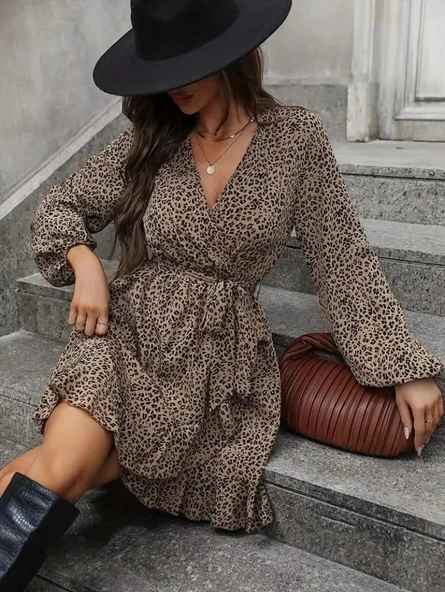 MDB Kadın Uzun Kollu Kruvaze Yakalı Kuşaklı Desenli Kısa Modal Mini Elbise - Resim 4