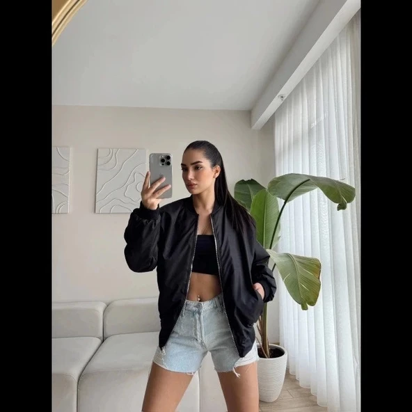 MDB Unisex İçi Astarlı Düz Bomber Ceket  iyah ürün görseli 1