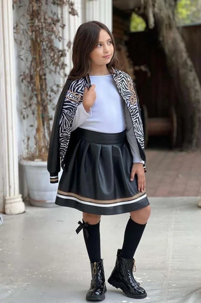 Kız Çocuk V Cool Yazı Baskılı Sweatshirt Zebra ve Gold Şerit Detaylı Deri Ceketli Etekli Takım - Resim 2