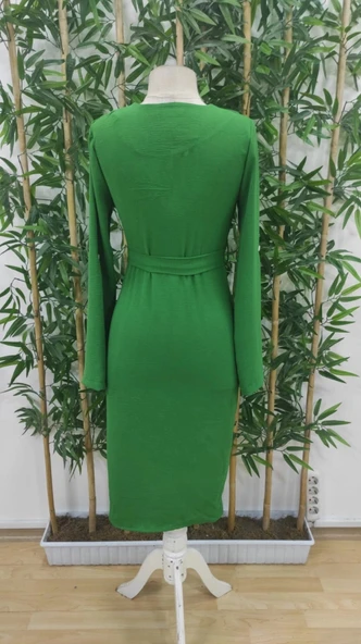 MDB Kadın Uzun Kollu önden Düğmeli Beli Kuşaklı Aerobin Midi Elbise - Resim 7