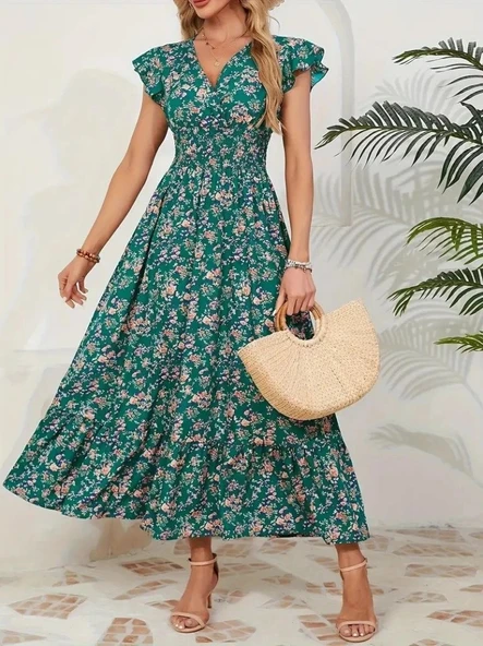 MDB Kadın Kısa Kollu Kruvaze Yaka Beli Lastikli çiçek Desenli Elbise ürün görseli 1