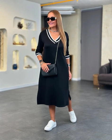 MDB Kadın Uzun Kollu V Ribana Yakalı Yanlardan Yırtmaçlı Midi Viskon Iki Iplik Elbise ürün görseli 1