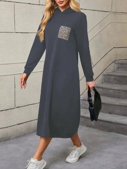 MDB Kadın Uzun Kollu Kapşonlu Cep Detaylı Viskon Iki Iplik Maxi Elbise - Resim 4