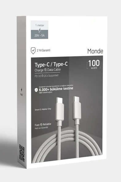 PDAteknoloji 100W Örgülü Type C to Type C SPK-10 Monde 1mt Data ve Şarj Kablosu - Resim 4