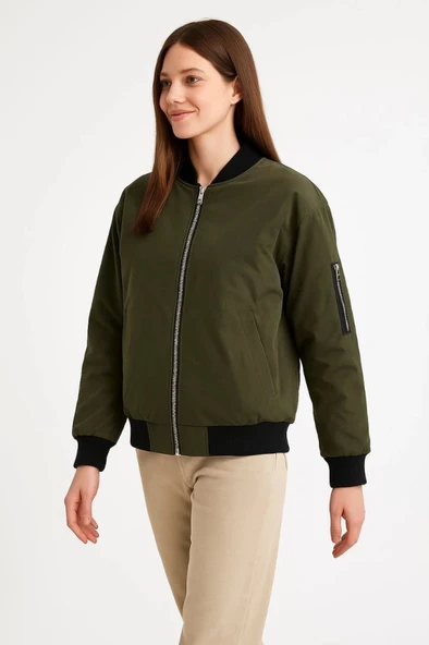 MDB Içi Astarlı Fermuarlı Bomber ont Ceket  Haki - Resim 2